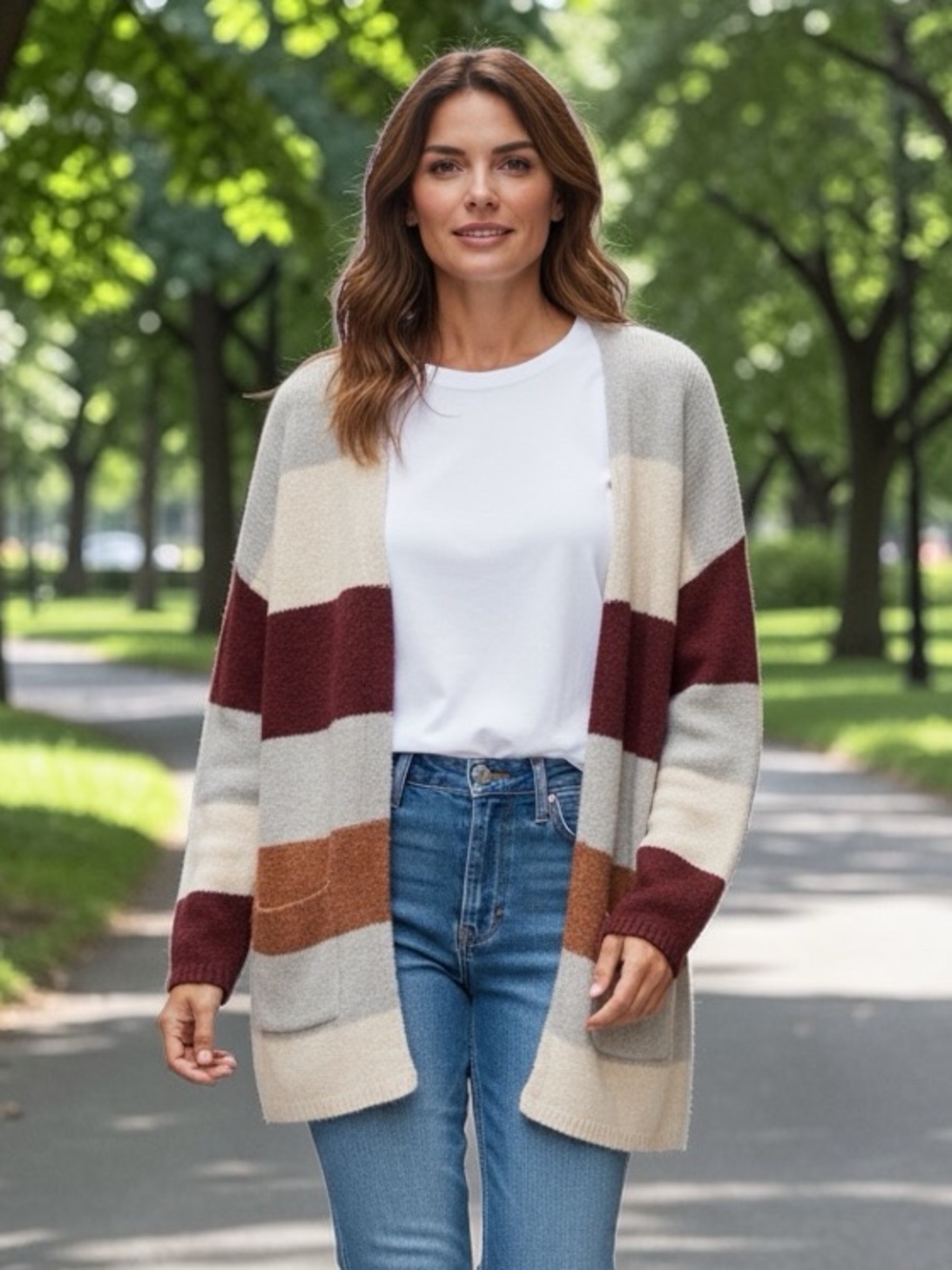 Knox Rose Striped Open-Front Cardigan in Gray, Cream, Burgundy, Brown